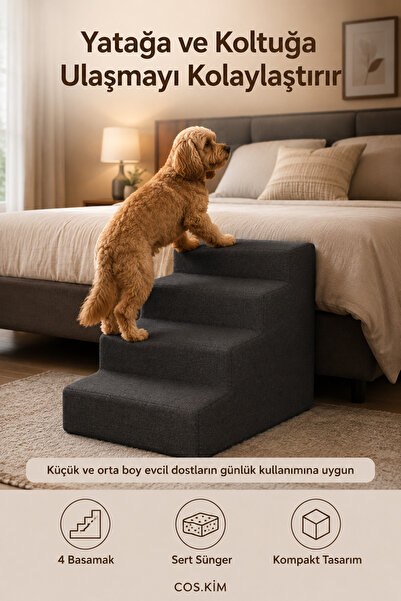 Cos.kim 4 Basamaklı Kedi Köpek Merdiveni 54x40x40 cm, Fermuarlı Yıkanabilir K...
