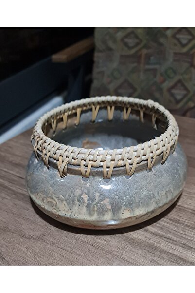 El Yapımı Seramik Rattan Detaylı Dekoratif Kase | Bohem Ev Dekoru | Meyvelik, Sunumluk ve Organizer