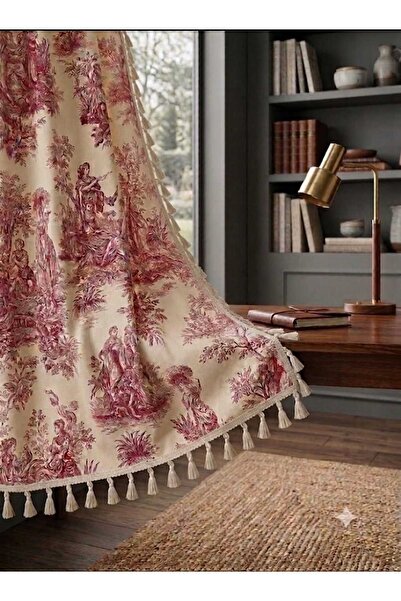 Luxoras Home Fransız Köylü Desenli BORDO Fon Perde Kornişli 3 Kenar Püsküllü ...