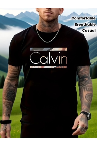 01THEONE Graphic Men, Casual Crew Neck T-Shirt with White And Brown Print, Co...