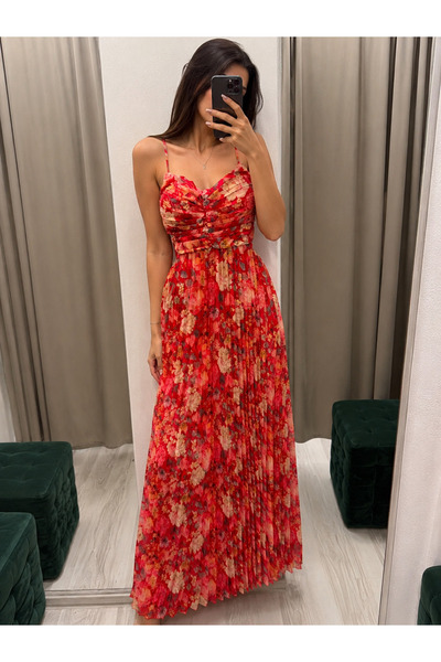 fara marca AnysaRO - Rochie Maxi Florală Roșie, Plisată, cu Fundă la Spate și...