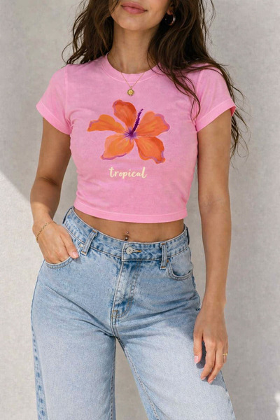 ZAVIXO -Women's Hibiscus Flower Printed Crop T-Shirt 100% Cotton