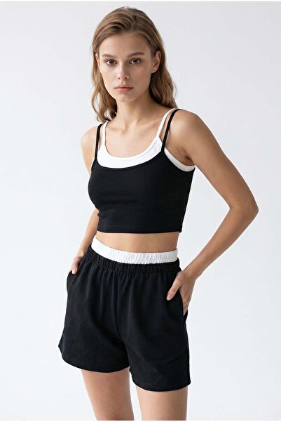 Mixray 2151 Women's Piping Detailed Strappy Crop Top Shorts Set Black