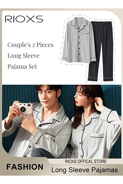 RIOXS Couples Matching 2 Pieces Long Sleeve Pajamas Soft Cotton Sleepwear But...