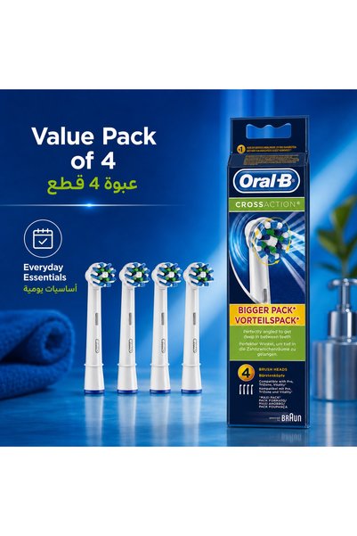 Oral-B رؤوس فرشاة أسنان كهربائية بديلة من كروس أكشن، عبوة من 4 قطع، رؤوس دائرية للتنظيف العميق، شعيرات مائلة، متوافقة مع مقابض برو تراي زون فيتاليتي براون، للعناية اليومية بالفم