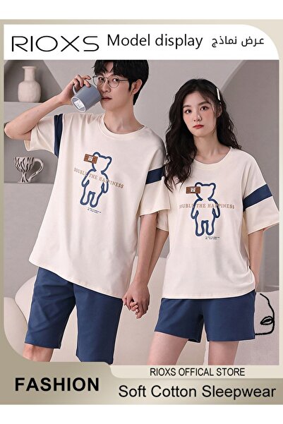 RIOXS 2 Pieces Couples Matching Pajama Set, Soft Breathable Cotton Short Slee...