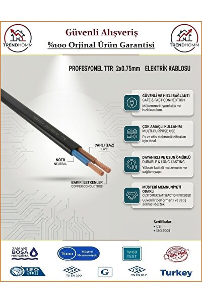 Trendhomm 2x0,75 TTR Balık Sırtı Yassı Kablo - %100 Bakır - 4 Metre