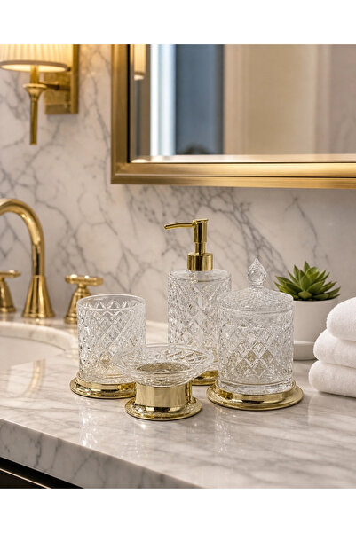 Kozak Premium Crystal Cut Glass 4-Piece Bathroom Set - Detailed Luxury Liquid...
