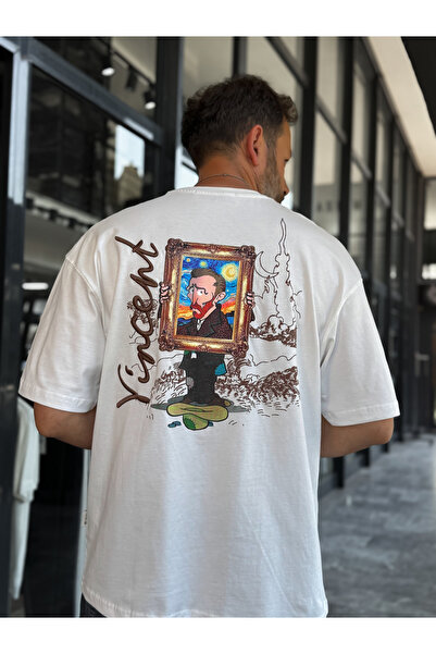BYBASICMAN White Cartoon Van Gogh Oversize T-Shirt Sw-5175