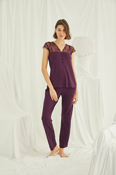 MONAMİSE Premium Lace Cap Sleeve Women's Burgundy Viscose Pajama Set