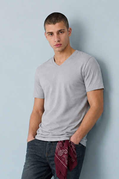 DAMGA JEANS Men's Straight Fit Gray V-Neck T-Shirt