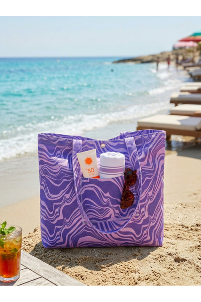 MERİCEY Purple Zebra Patterned Canvas Beach Bag with Pockets Aesthetic Women'...