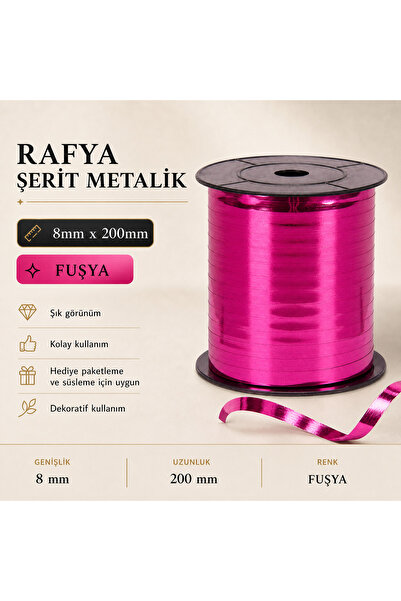 san Metalik Rafya Şerit Balon ve Hediye Bağlama İpi 8mm x 200 Metre (Fuşya)