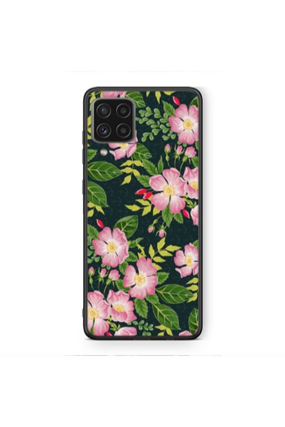 Other Samsung A12 Pink flowers green laves Black Glossy Θήκη
