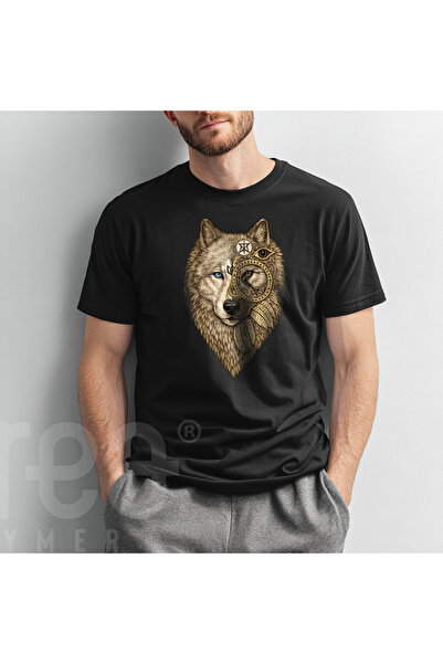 Crea Eymer Wear Wolf Print - Printed Cotton Crew Neck T-Shirt Black-Black