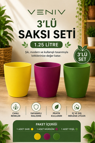 VENİV 3’lü Saksı Seti - Canlı Renkler, Modern Tasarım - Orkide Saksısı 1.25 L