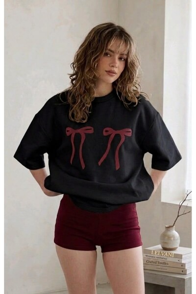 LELVANİ Women's Double Burgundy Color Ribbon Printed Crew Neck T-Shirt