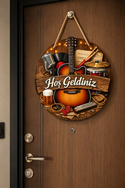 SHELİFE Guitar Concept Welcome Door Ornament Round Wooden Decor