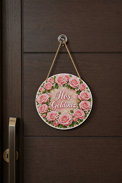 SHELİFE Pink Rose Themed Welcome Door Ornament Round Decorative Door Ornament...