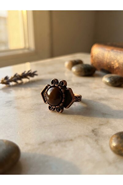 Meneva Aksesuar Adjustable Authentic Copper Ring with Brown Agate Natural Stone