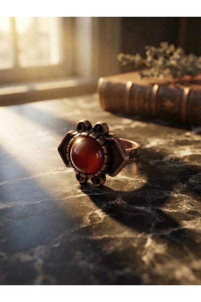 Meneva Aksesuar Adjustable Authentic Copper Ring with Red Agate Natural Stone