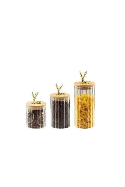Empressco Set of 3 Borosilicate Glass Deer Figured Stylish Striped Jars