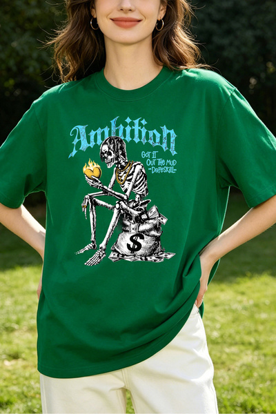 Fleck Womens T Shirts Ambition Skeleton Holding Money Bag With Flame Graphic ...
