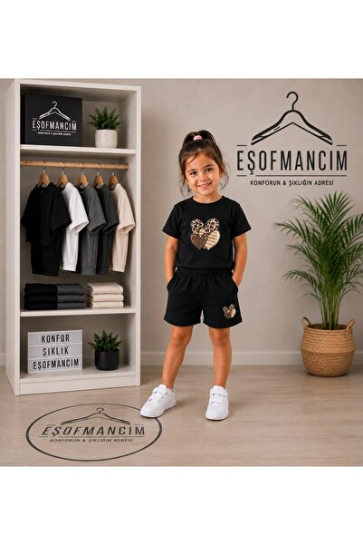 Eşofmancım Girl's Summer Shorts T-Shirt Leopard Heart Printed Set