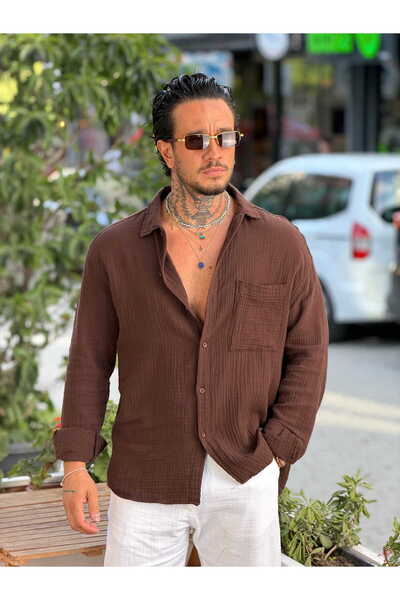 manch collection Single Pocket Oversize Muslin Shirt Brown