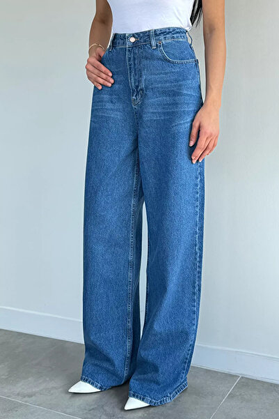 Aryena Blue Women's High Waist Stylish Casual Palazzo Jean Denim Trousers