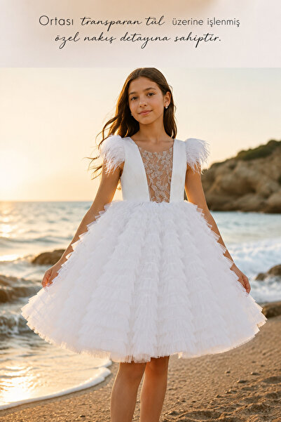 Lindissima Girl's Beaded Embroidered Feather Sleeves Layered Tulle Princess E...