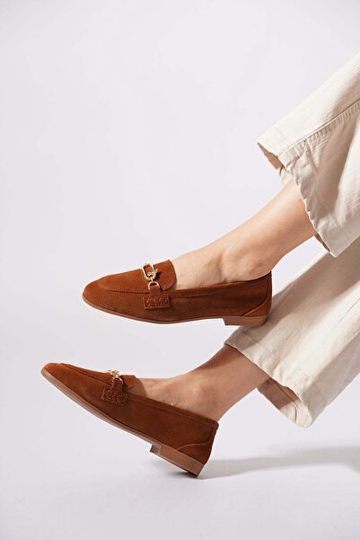 Moda Pie Drenste Arma Buckle Genuine Leather Women's Ballerinas Brown Suede