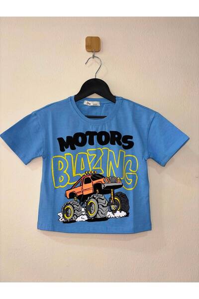 difa kids Erkek Çocuk Monster Truck "Motors Blazing" Baskılı Pamuklu Tişört
