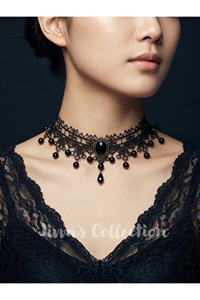 Jivva's Collection Gothic Black Lace Necklace. Ethnic Vintage Black Stone Det...