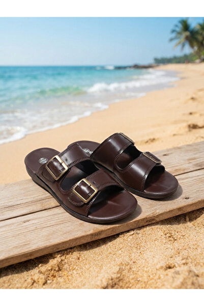 GEZER Summer Men's Double Buckle Pu Leather Soft Sole Slippers Dark Brown
