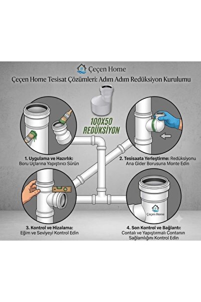 ÇEÇEN HOME 100x50 mm PVC Eksantrik Redüksiyon - Pis Su Gider Çap Küçültücü Bo...