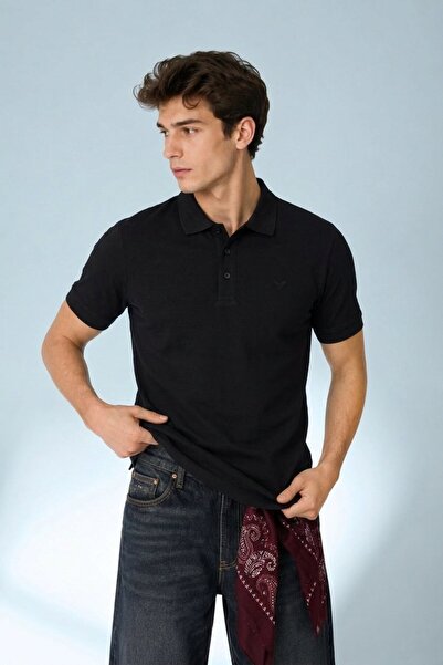 Maccali Men's Casual Embroidered Black Polo Collar t Shirt