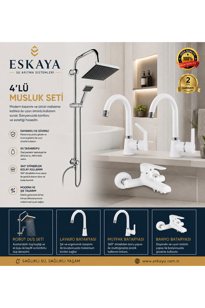ESHOME ESKAYA LÜX 4 lü Banyo Seti —Robot Tepe Duş- Banyo - Lavabo - Eviye mut...
