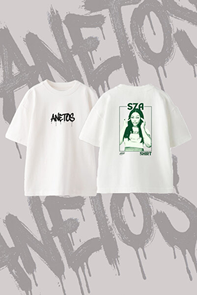 Anetos SZA_3 Dizajn T-shirt majica sa širokim izrezom i printom, bela