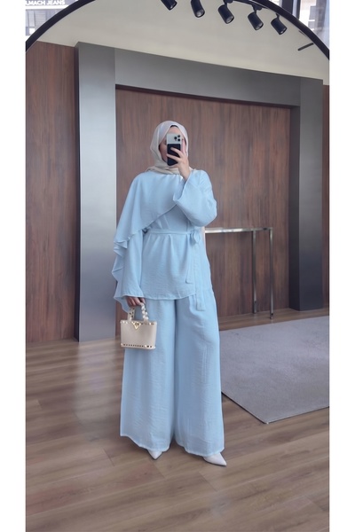 Trend Paris Asymmetrical Cut Draped Two-Piece Set Light Blue