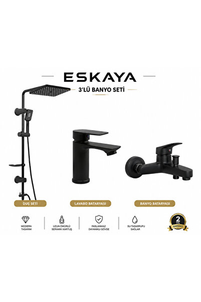 ESHOME SİYAH 3 lü SET ROBOT — BANYO BATARYASI—SABİT GÖVDELİ LAVABO BATARYASI