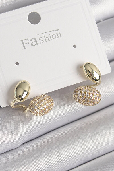 ARMÜZ Brass Gold Color Zircon Stone Curved Model Women's Earrings