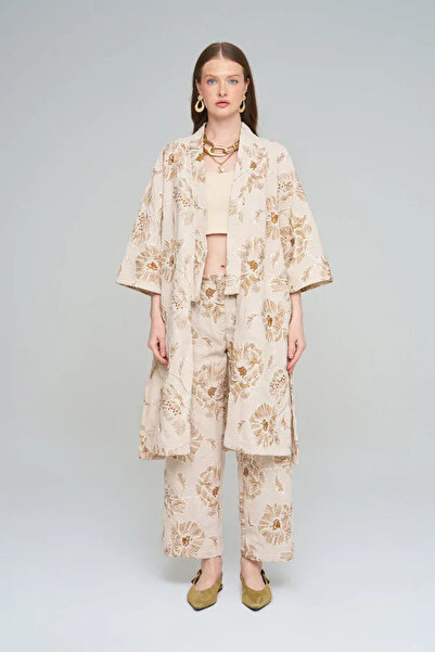 Orfeo Negro Cream Floral Patterned Kimono & Wide-Legged Pants Set