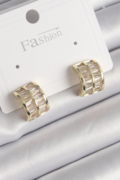 ARMÜZ Brass Gold Color Double Row Zircon Stone Women's Earrings