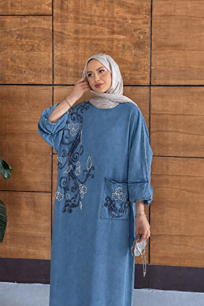 Miss Allos Rochie din denim pentru femei, cu mărgele și broderie, stil hijab