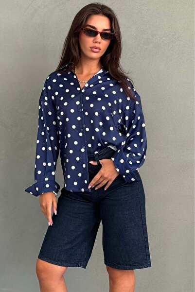 Madmext Navy Blue Polka Dot Satin Women's Shirt Mg2869