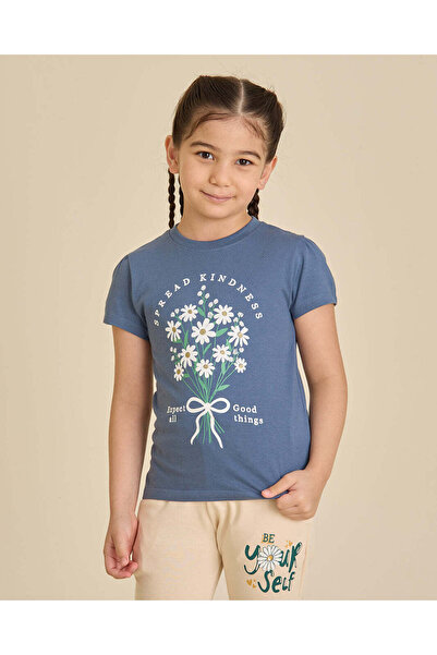 REDTAG Girls Navy Blue Floral Bow Print T-Shirt