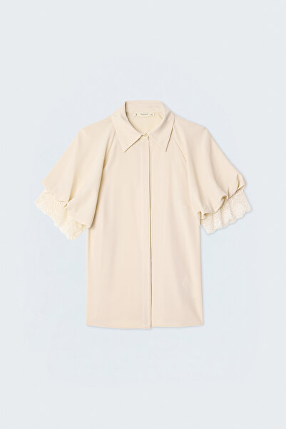 Sateen Short Sleeve Lace Detailed Shirt - Beige