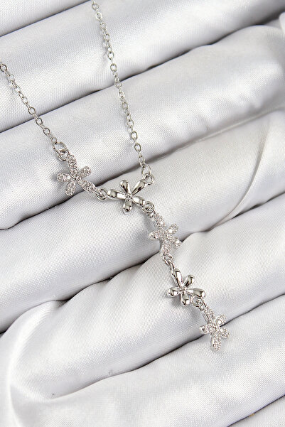 ARMÜZ 316L Steel Zircon Stone Flower Model Silver Color Women's Necklace