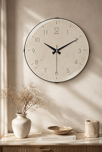 Muyika Design Wabi Sabi Duvar Saati 36 cm Bombe Camlı MUYİKA Traverten Taş Do...